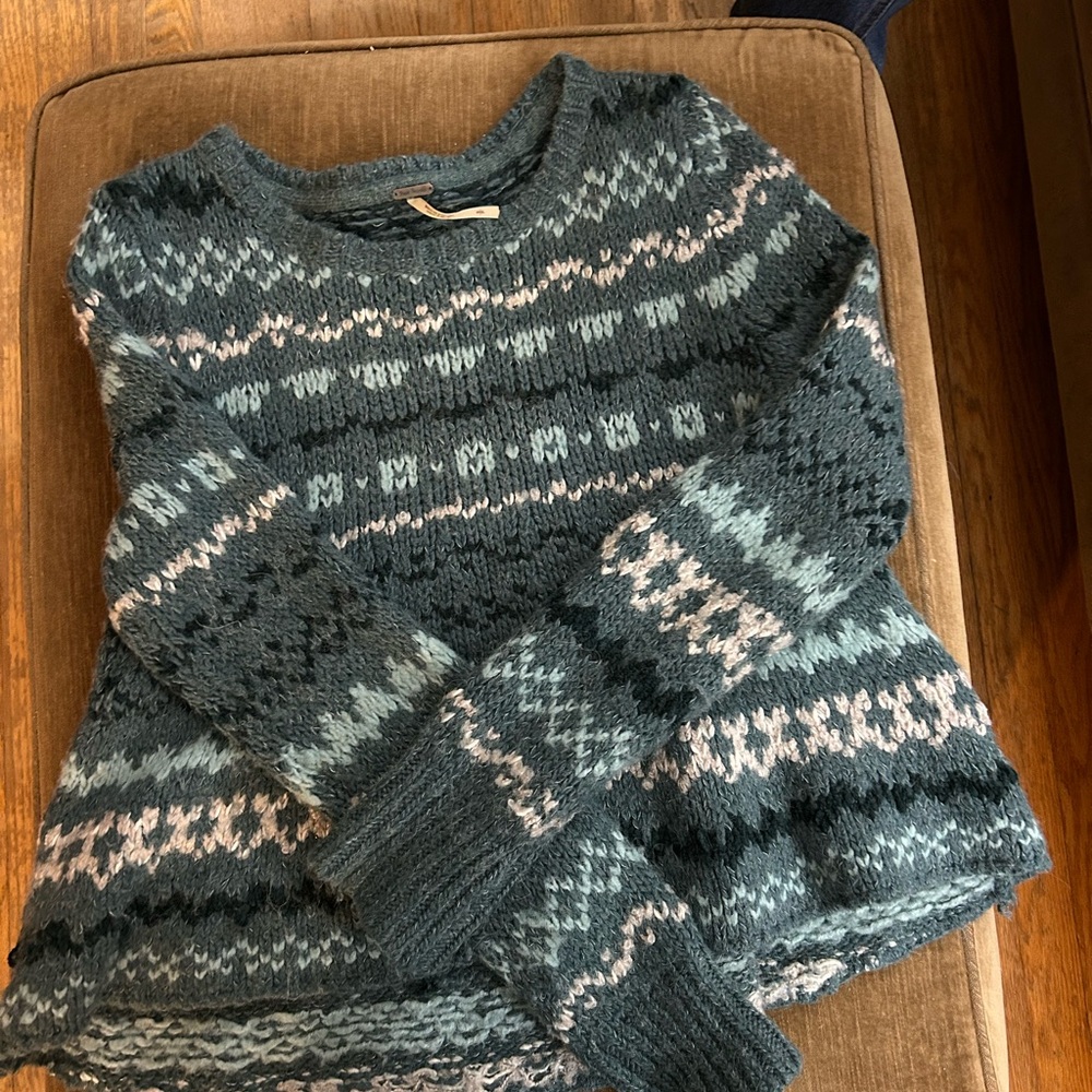 Free People Cozy Knit Sweater in green and White
